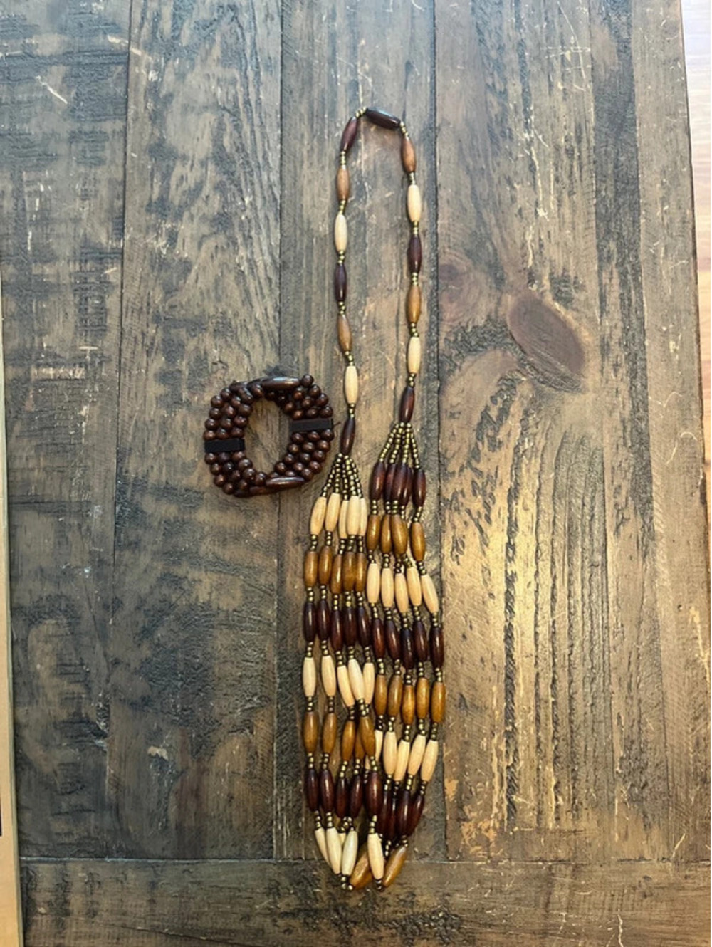 0019 Boho Wooden Multi-Strand Statement Necklace & Matching Bracelet Set